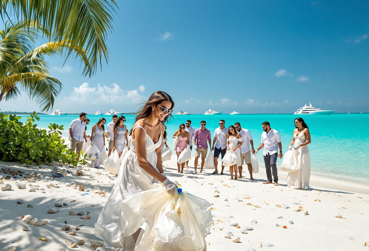A photograph shows a group of wedding guests participating in a beach cleanup project on a tropical beach in the Maldives. The guests are dressed in stylish resort wear and are actively collecting trash, with genuine smiles and expressions of enthusiasm. The ocean is visible in the background.