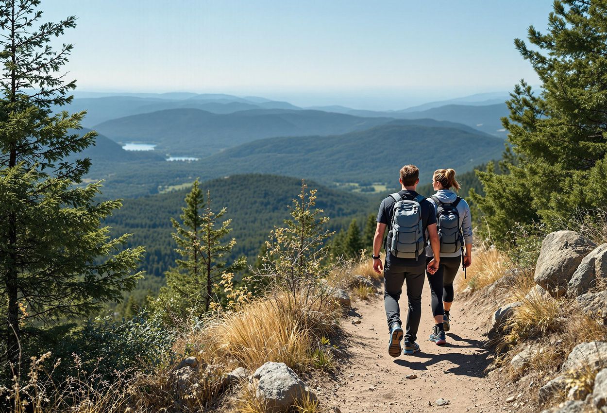 A couple hikes hand-in-hand on a scenic trail, leading to a breathtaking vista near their luxury glamping site. Lush greenery and towering trees surround them.