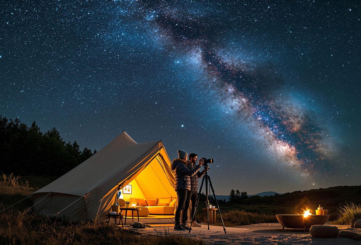 A couple photographs the night sky, showcasing the Milky Way, during a glamping trip in a remote, dark sky location.