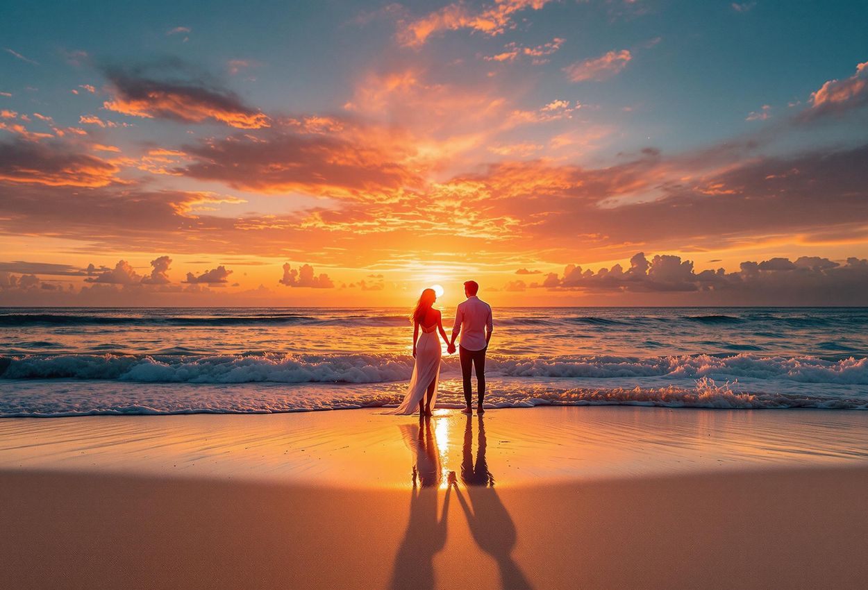 A stunning photograph of a couple silhouetted against a vibrant sunset on a serene beach. Golden light reflects on the water, creating a romantic and unforgettable scene.