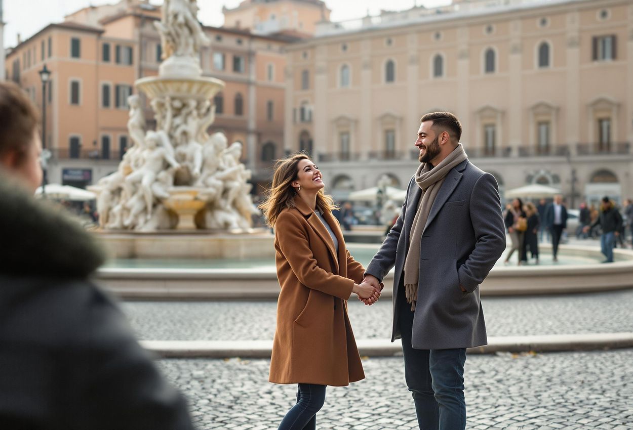 A candid photograph of a couple laughing and holding hands in Rome