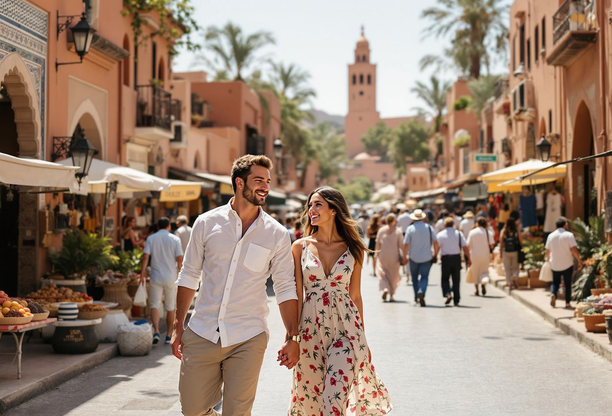 A photograph captures a couple holding hands, walking down a vibrant street in Marrakech, Morocco, surrounded by smiling locals and traditional architecture.
