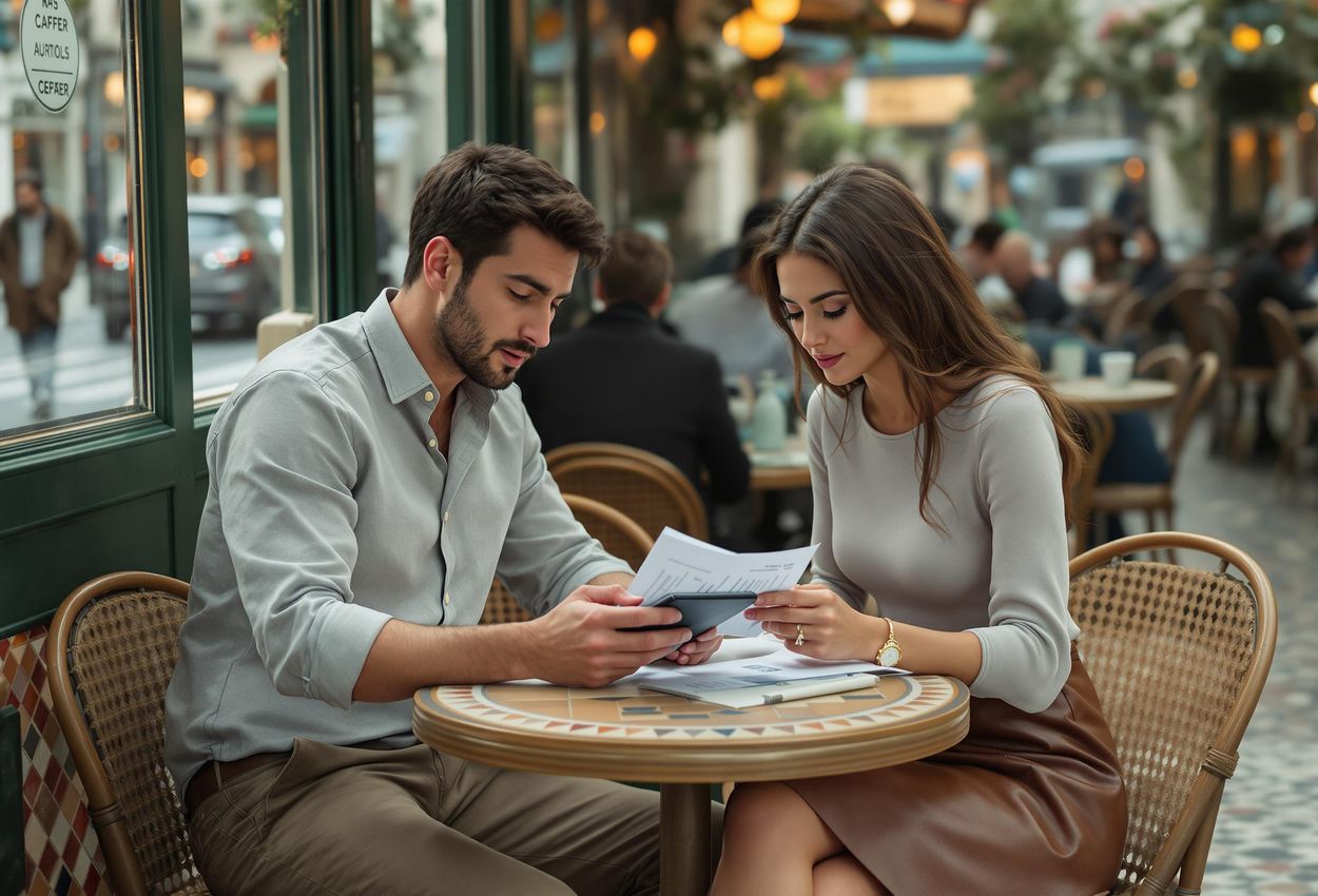 A couple in Paris looks perplexed while reviewing their bill at a traditional cafe, capturing the nuances of travel and cultural differences.