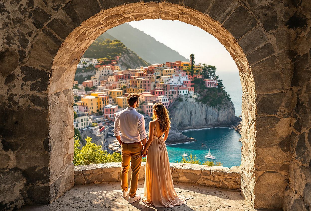 A captivating photograph of a couple framed by a stone archway, enjoying a stunning golden hour view of Cinque Terre, Italy. The colorful villages and turquoise sea create a breathtaking scene.