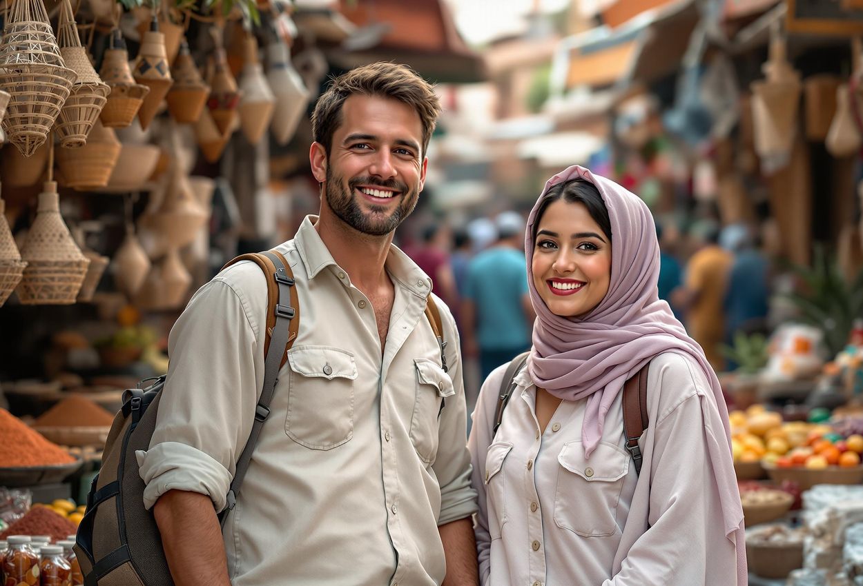 A photograph captures a couple in a crowded Moroccan market in February 2025, showing the challenge of navigating different cultural norms regarding personal space.