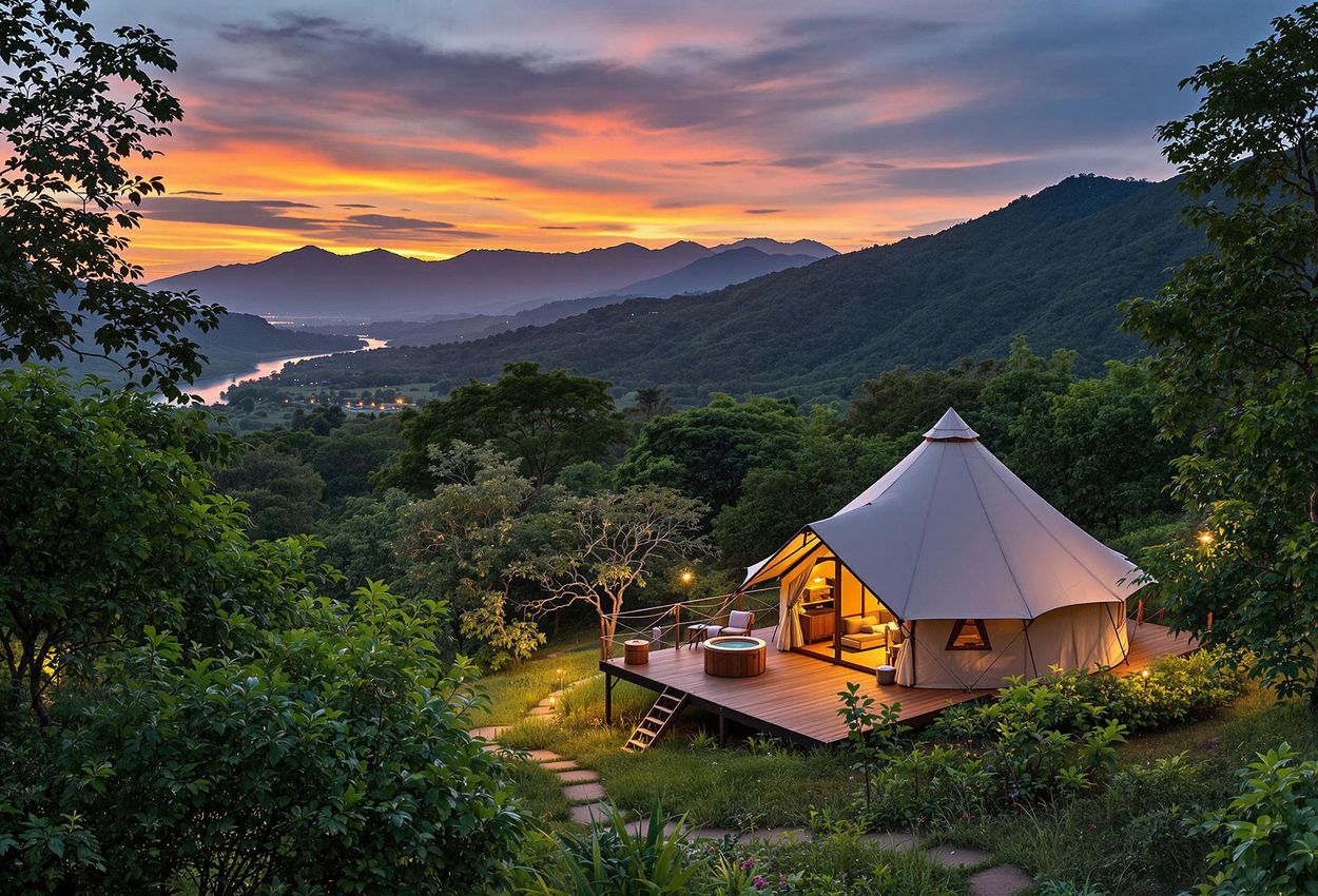 A serene photograph of the Four Seasons Tented Camp Golden Triangle at dusk, showcasing luxurious tents nestled within the lush jungle landscape of Chiang Rai, Thailand.