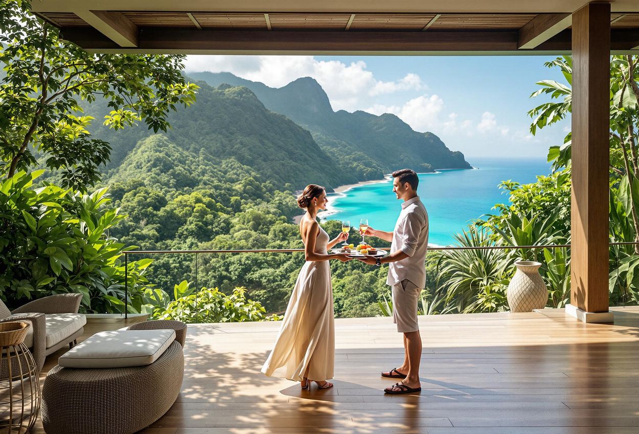 A photograph showcasing the stunning open-air lobby of The Datai Langkawi, with a panoramic view of the rainforest and Andaman Sea. Guests are greeted with welcome drinks, highlighting the serene arrival experience.