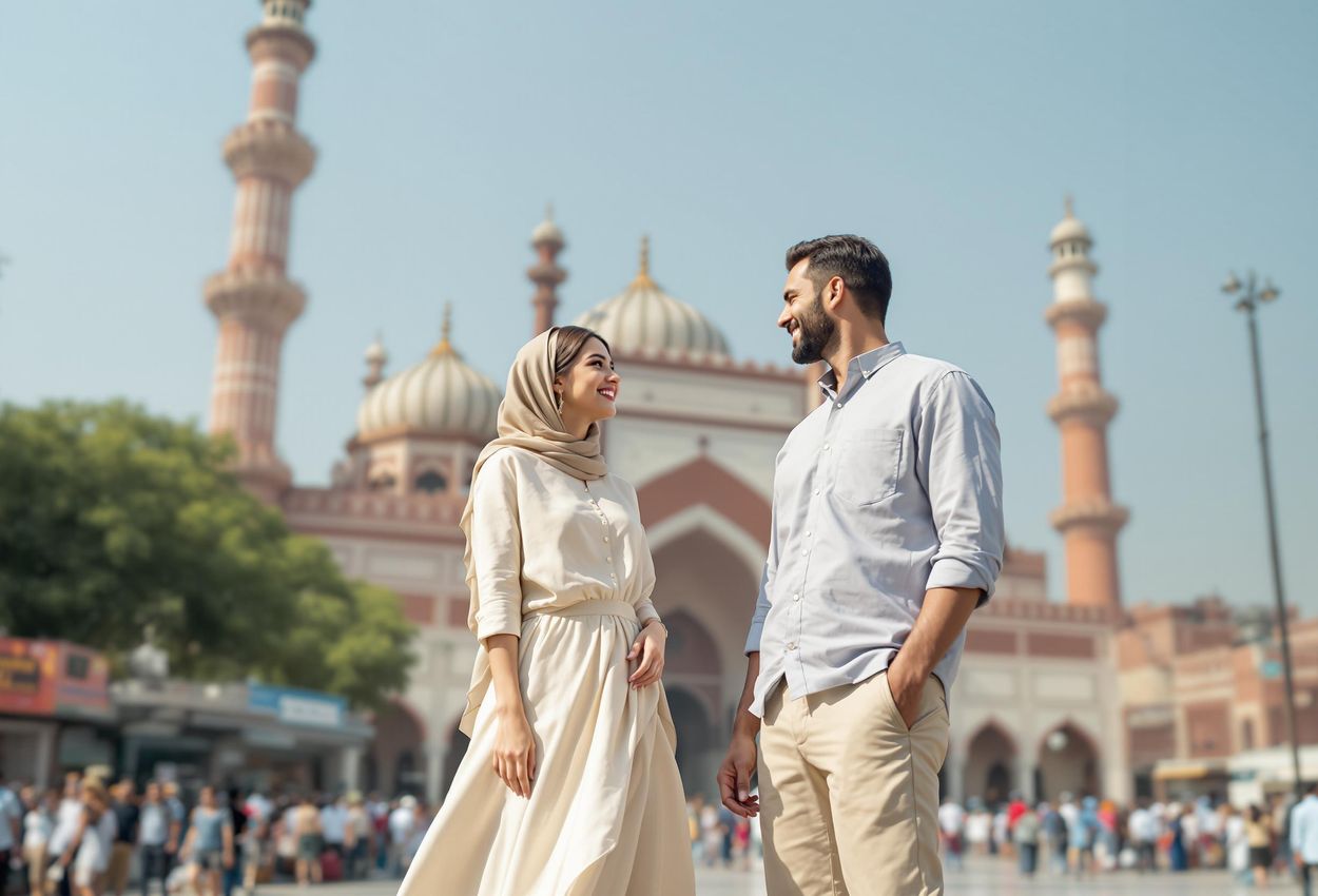 A photograph of a couple standing in front of the Jama Masjid mosque in Delhi, India, dressed in modest attire, capturing a moment of cultural respect and connection.