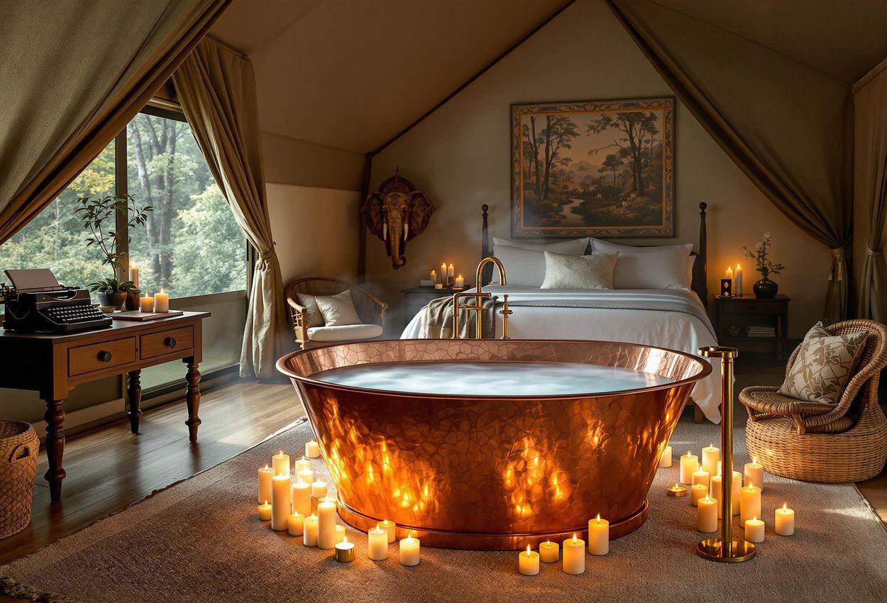 Interior photograph of a luxurious tent at the Four Seasons Tented Camp Golden Triangle, featuring a hand-hammered copper bathtub filled with steaming water, surrounded by candles and custom-made furnishings.