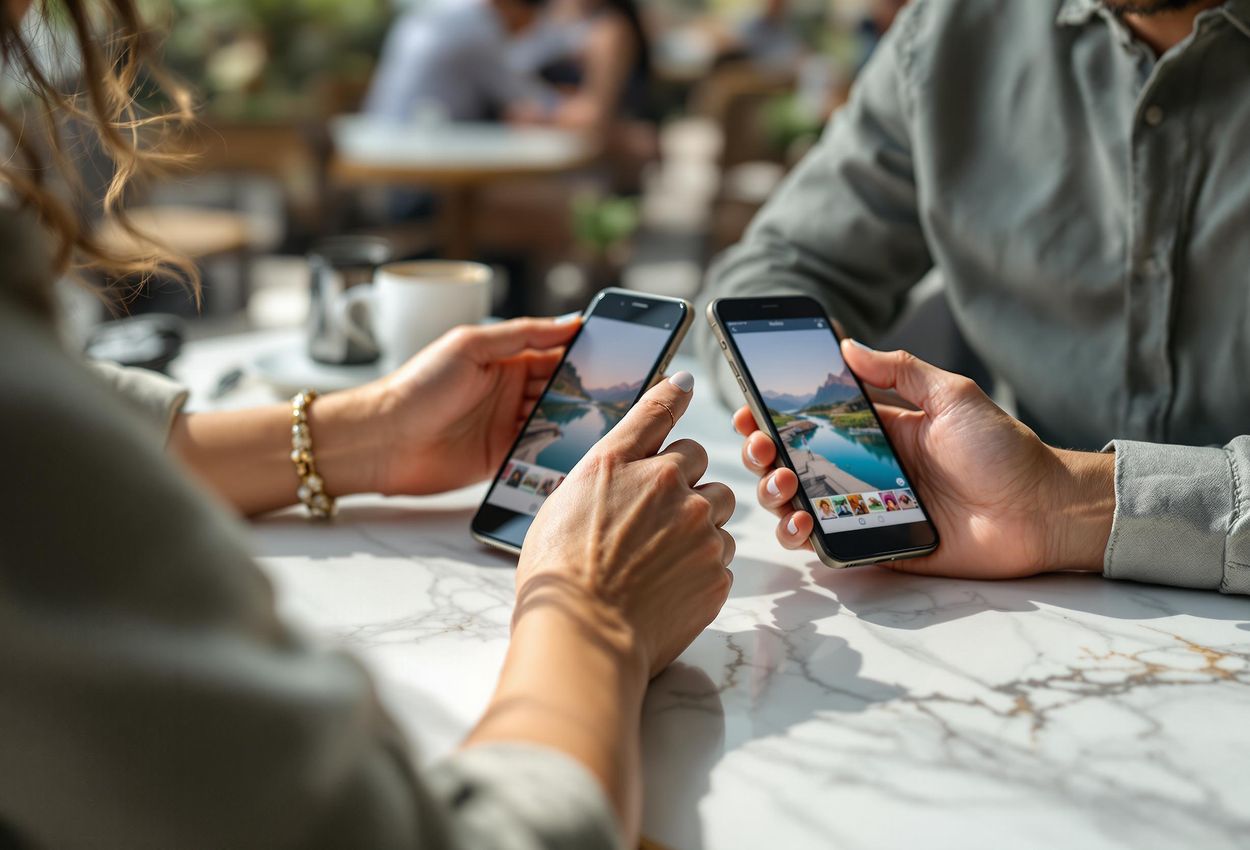 A close-up photo of a couple editing travel photos on their smartphones while sitting at a cafe. The screens show Lightroom Mobile and Snapseed interfaces.