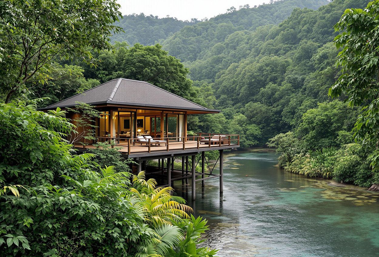 A serene photograph of a rainforest villa at The Datai Langkawi, Malaysia, set on stilts above the Datai River, surrounded by lush rainforest vegetation in soft afternoon light.