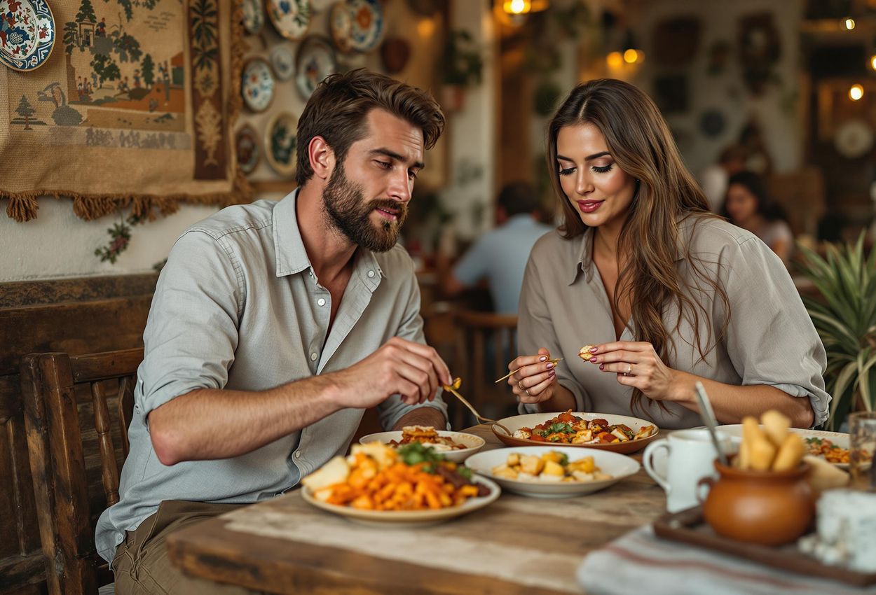 A couple experiences the challenge and excitement of trying unfamiliar dishes in a local restaurant, captured in a candid photograph.