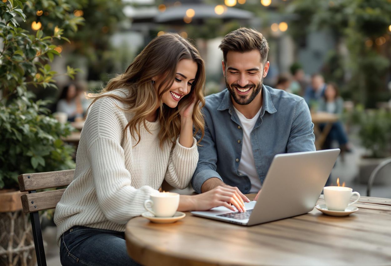A couple enjoys coffee while sharing their travel photos and engaging with followers on social media. Capturing the essence of modern travel and digital connection.