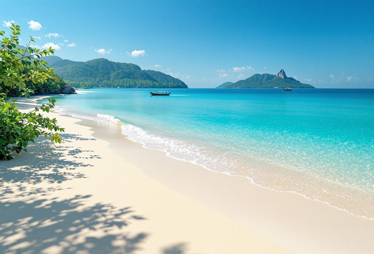 A scenic photograph of Datai Bay in Langkawi, showcasing its beautiful beach, turquoise waters, and the distant islands of Pulau Anak Datai and Tarutao.
