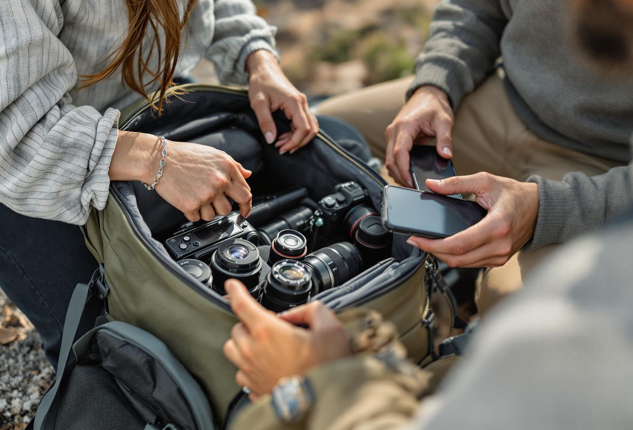 A couple carefully packs and backs up their camera equipment, illustrating essential safety measures for photographers on the go.