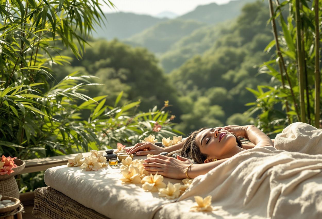 A serene photograph capturing a couple enjoying a rejuvenating spa ritual amidst the lush jungle at the Four Seasons Tented Camp Golden Triangle. The image showcases the beauty of nature and the tranquility of a luxury spa experience.