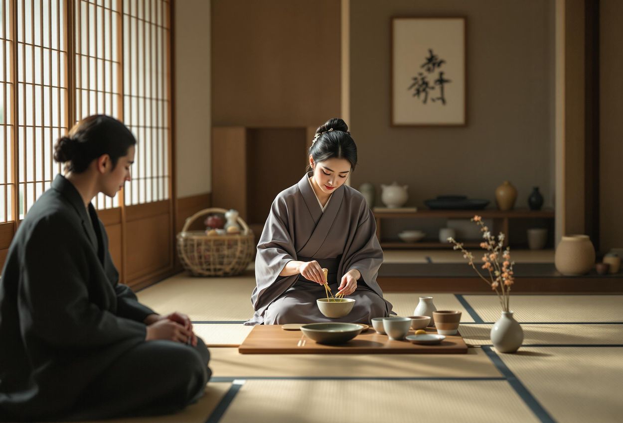 A photograph capturing the elegance and tranquility of a traditional Japanese tea ceremony in Kyoto. The image focuses on the precise movements of the tea master and the peaceful expressions of the participants.