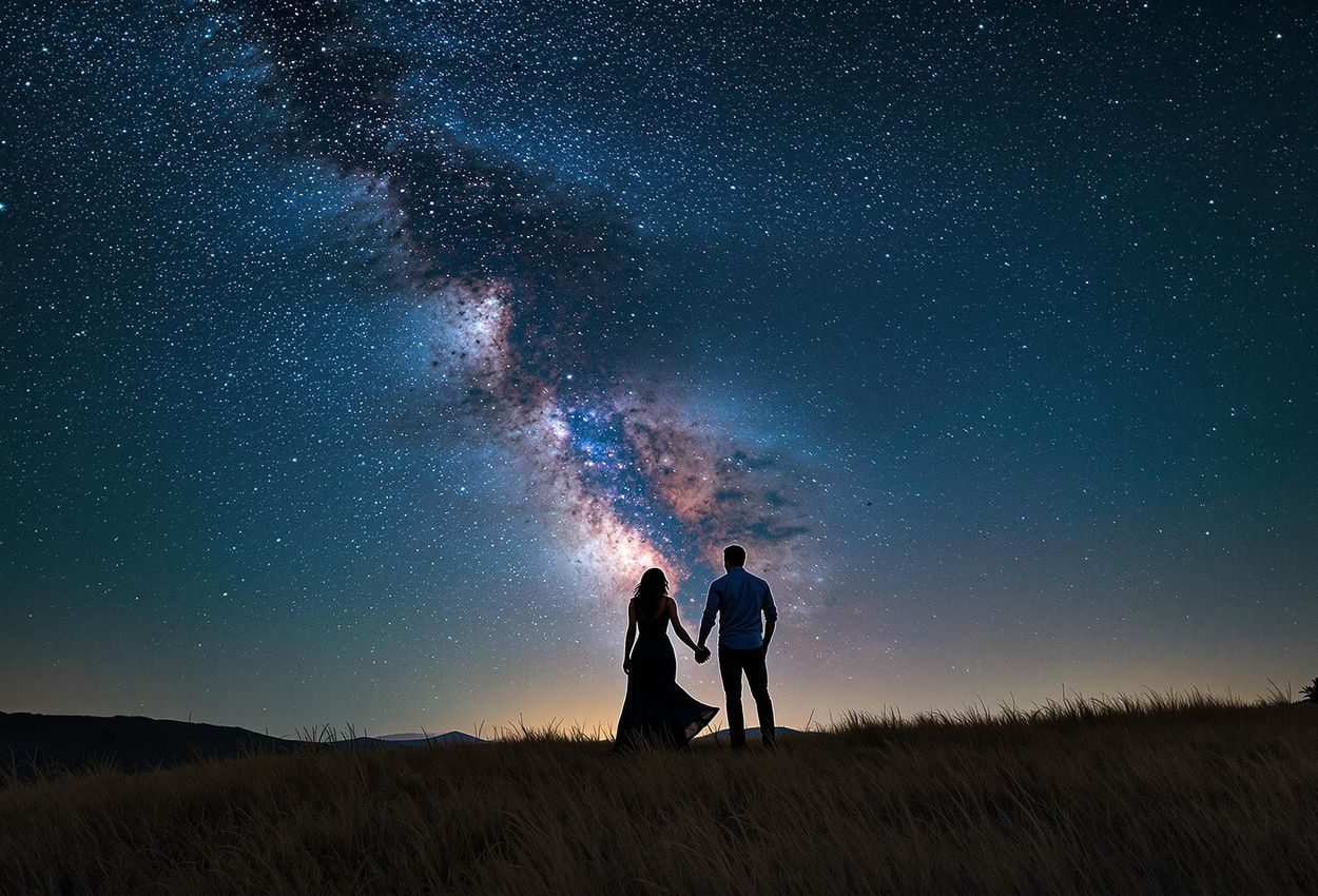 A captivating photograph of a couple silhouetted against a star-filled night sky, showcasing the beauty of the Milky Way and the wonder of the cosmos.