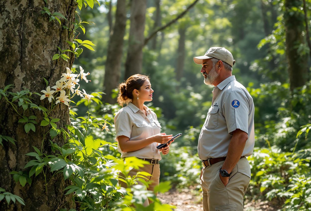 A photograph capturing a guided nature walk at The Datai Langkawi, showcasing guests exploring the lush rainforest with the resort
