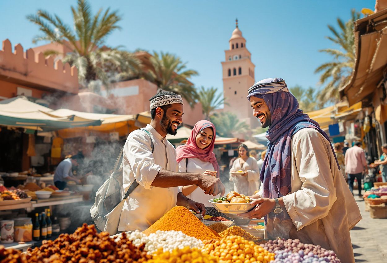 A vibrant photograph capturing a food tour in Marrakech, Morocco, showcasing travelers sampling street food and exploring spice markets against the backdrop of the Koutoubia Mosque.
