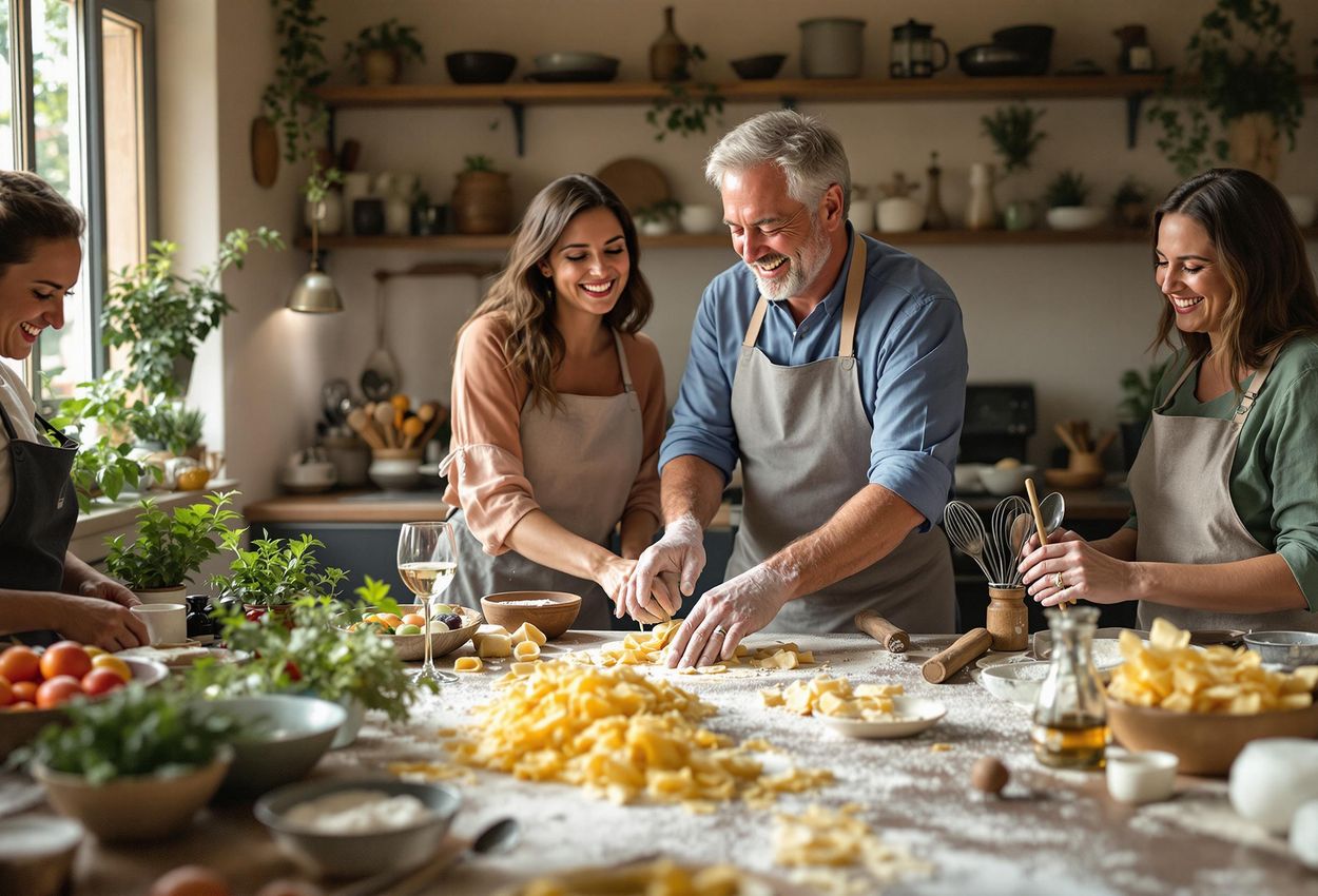 A candid photograph capturing a joyful pasta-making class in Rome. A solo traveler shares laughter and culinary skills with fellow participants under the guidance of a skilled Italian chef. The image showcases the warmth and authenticity of Italian culinary traditions.