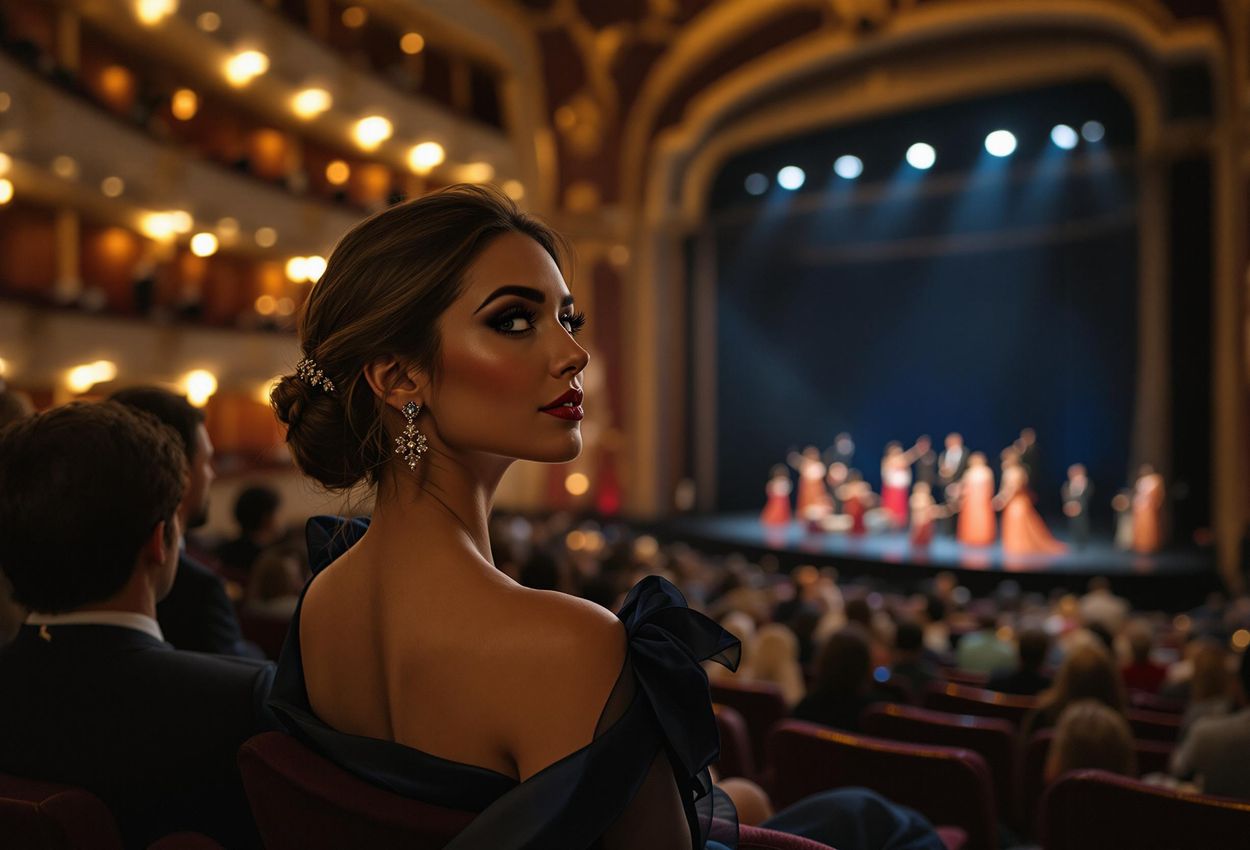 A photograph of a solo traveler attending an opera at the Teatro del Maggio Musicale Fiorentino in Florence, Italy. The traveler is elegantly dressed and captivated by the performance.