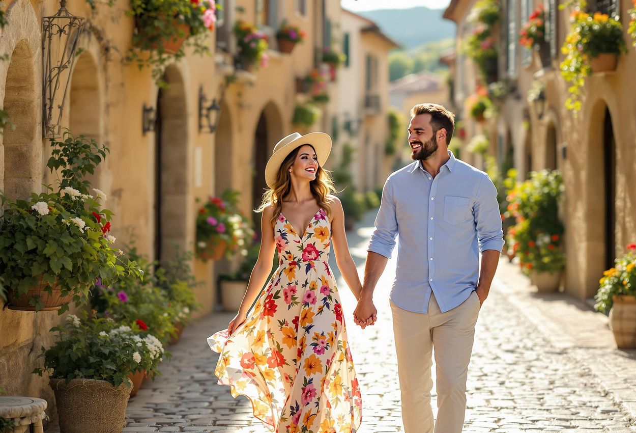 A captivating photograph of a couple laughing and holding hands while strolling down a charming cobblestone street in Tuscany, Italy, bathed in the warm glow of the afternoon sun.