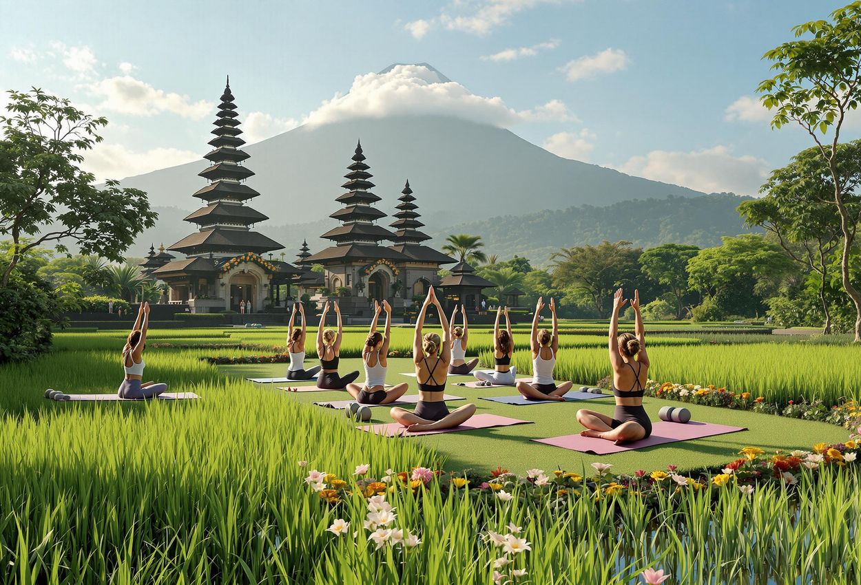 A photograph capturing a tranquil yoga retreat in Ubud, Bali, showcasing lush rice paddies, traditional temples, and a group of practitioners in a serene outdoor setting.
