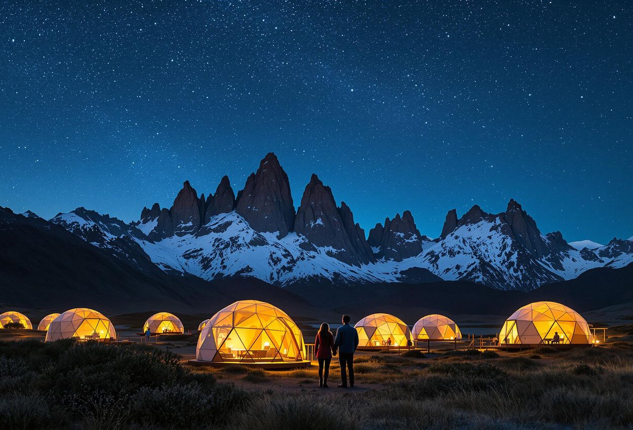 A panoramic photograph of EcoCamp Patagonia at dusk, featuring illuminated geodesic domes nestled against the Torres del Paine mountains under a starlit sky. A couple stands hand-in-hand, gazing at the breathtaking view.