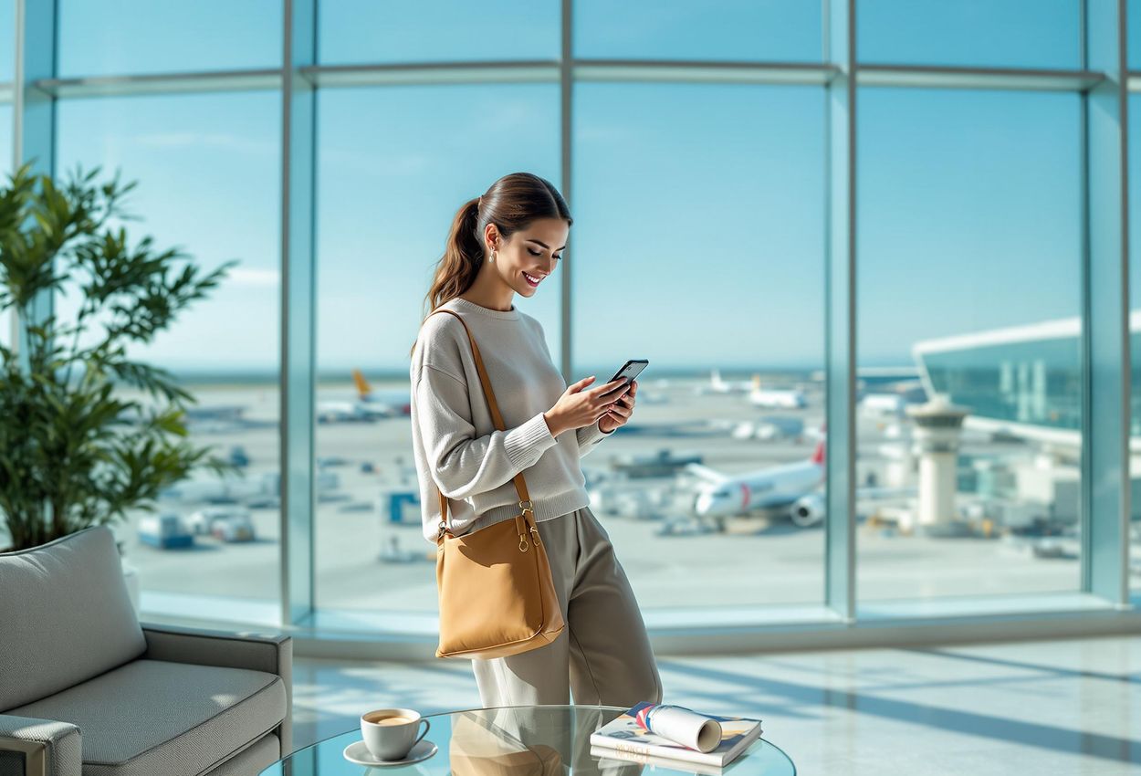 A woman uses a travel app on her smartphone in an airport lounge to plan her trip. The scene is brightly lit with a view of the runway.