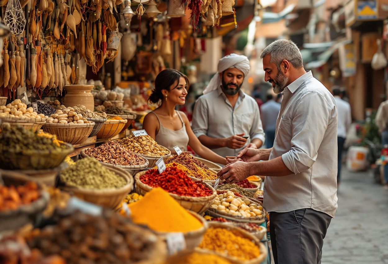 A close-up photograph captures a couple interacting with a vendor at a spice stall in the vibrant souks of Marrakech. The image showcases the rich colors and textures of the spices and the cultural exchange between the couple and the local vendor.