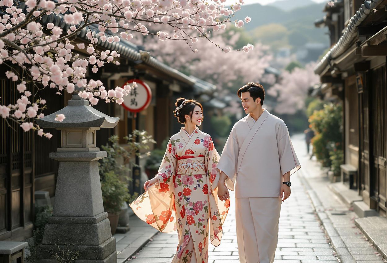 A photograph of a couple in traditional kimonos walking hand-in-hand through the historic Gion district of Kyoto, Japan, surrounded by wooden machiya houses and cherry blossoms.