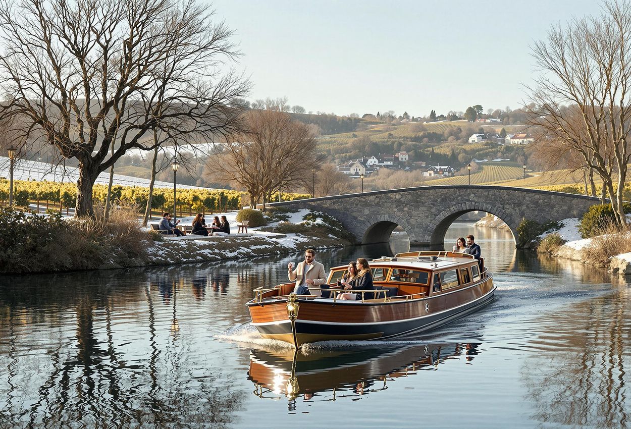 A serene photograph of a canal boat gliding through the Canal du Midi in France on a sunny winter day. Passengers relax on deck, enjoying the scenic views and peaceful atmosphere.