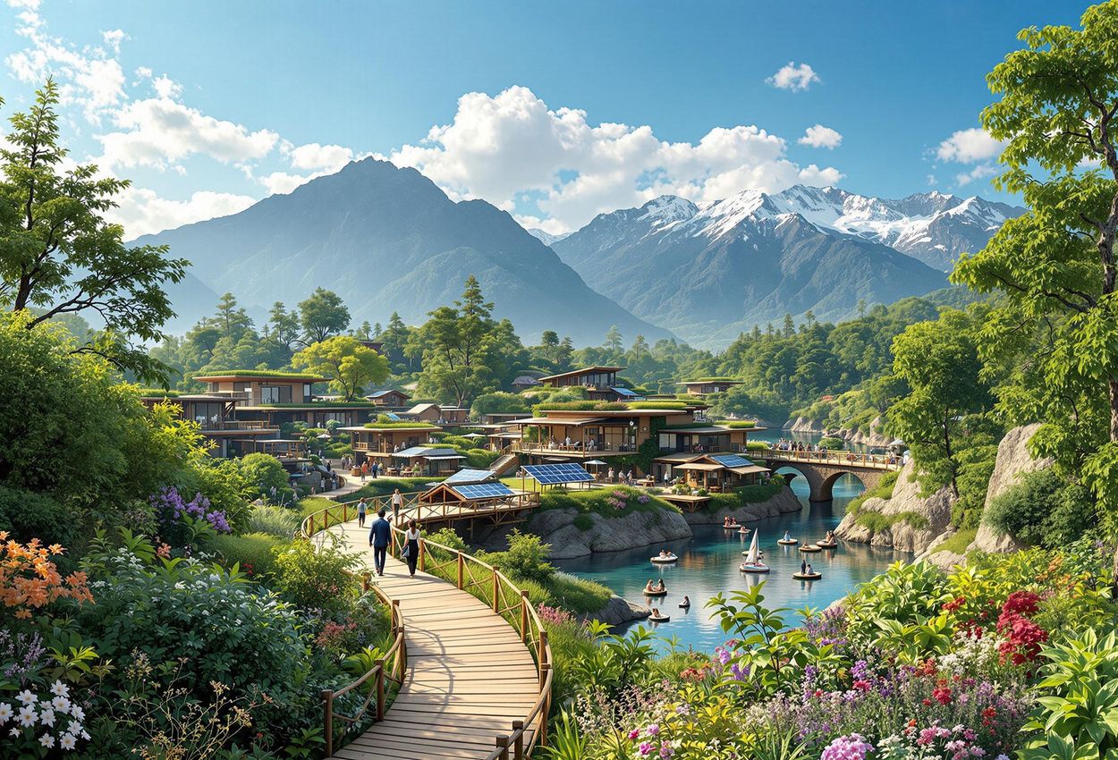 A panoramic photograph showcasing a sustainable eco-tourism destination, highlighting the beauty of the natural landscape and the integration of responsible tourism practices.