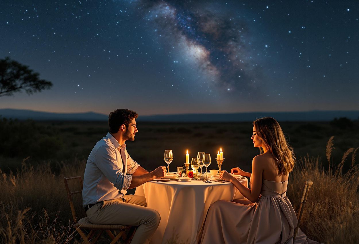 A couple enjoys a romantic candlelit dinner under a star-filled sky in the African Serengeti, surrounded by the silhouettes of giraffes and elephants.