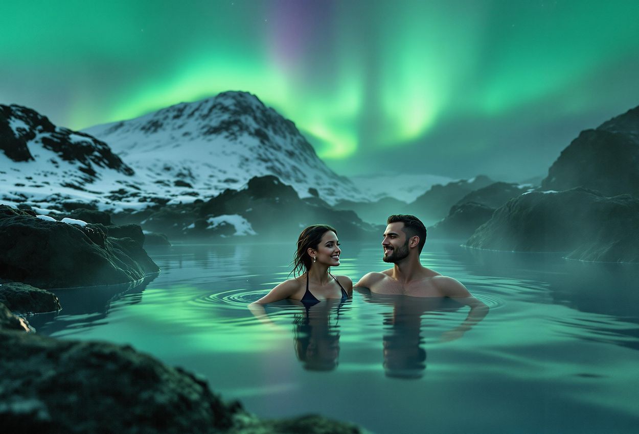 A landscape photograph of a couple relaxing in a geothermal hot spring in Iceland, with the Aurora Borealis dancing across the night sky.
