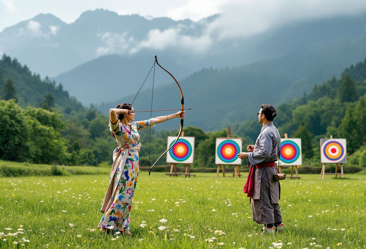 A captivating photograph of a couple participating in a traditional Bhutanese archery lesson against the backdrop of the stunning Himalayan mountains. The image captures the cultural richness of Bhutan and the beauty of its landscape.