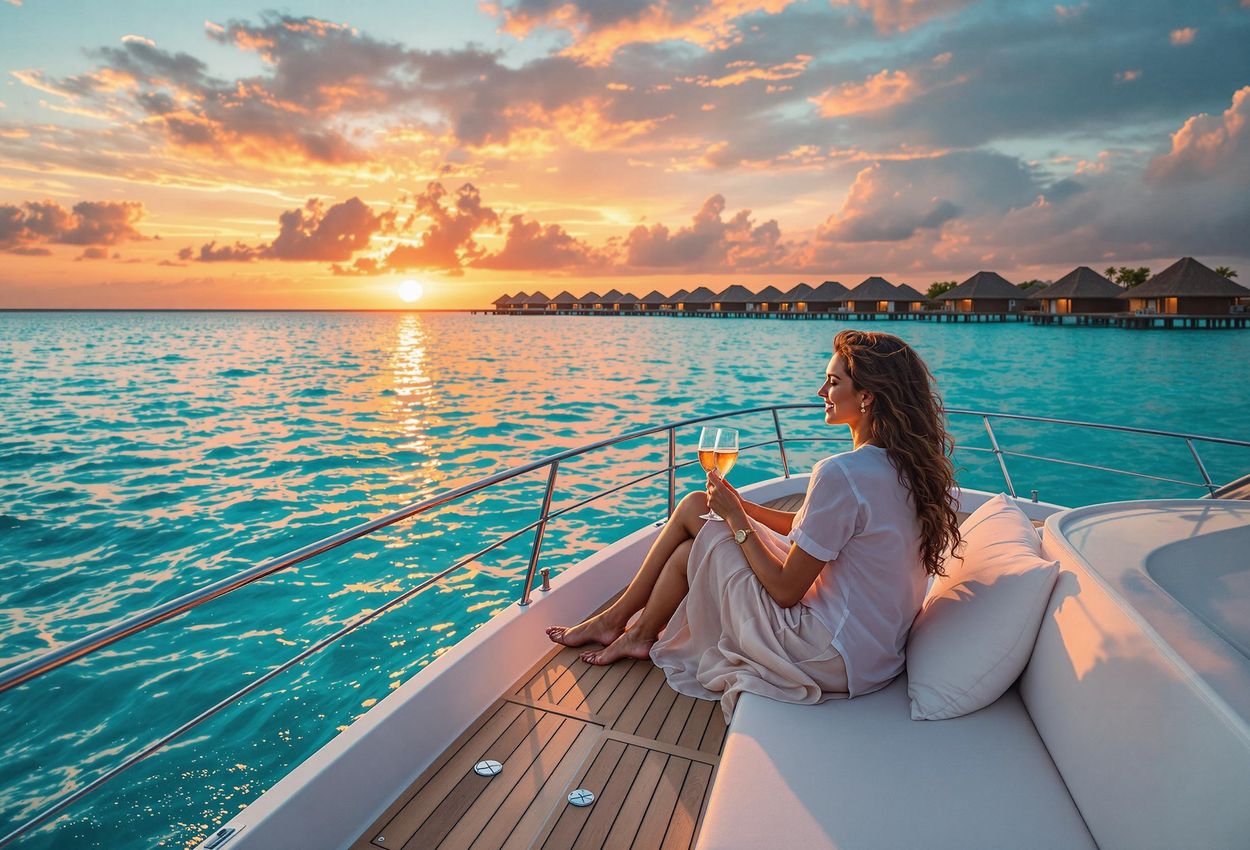 A photograph captures a couple enjoying a private sunset cruise in the Maldives on a luxury yacht. The sky is filled with vibrant colors, reflected in the crystal-clear waters, creating a scene of romance and tranquility.