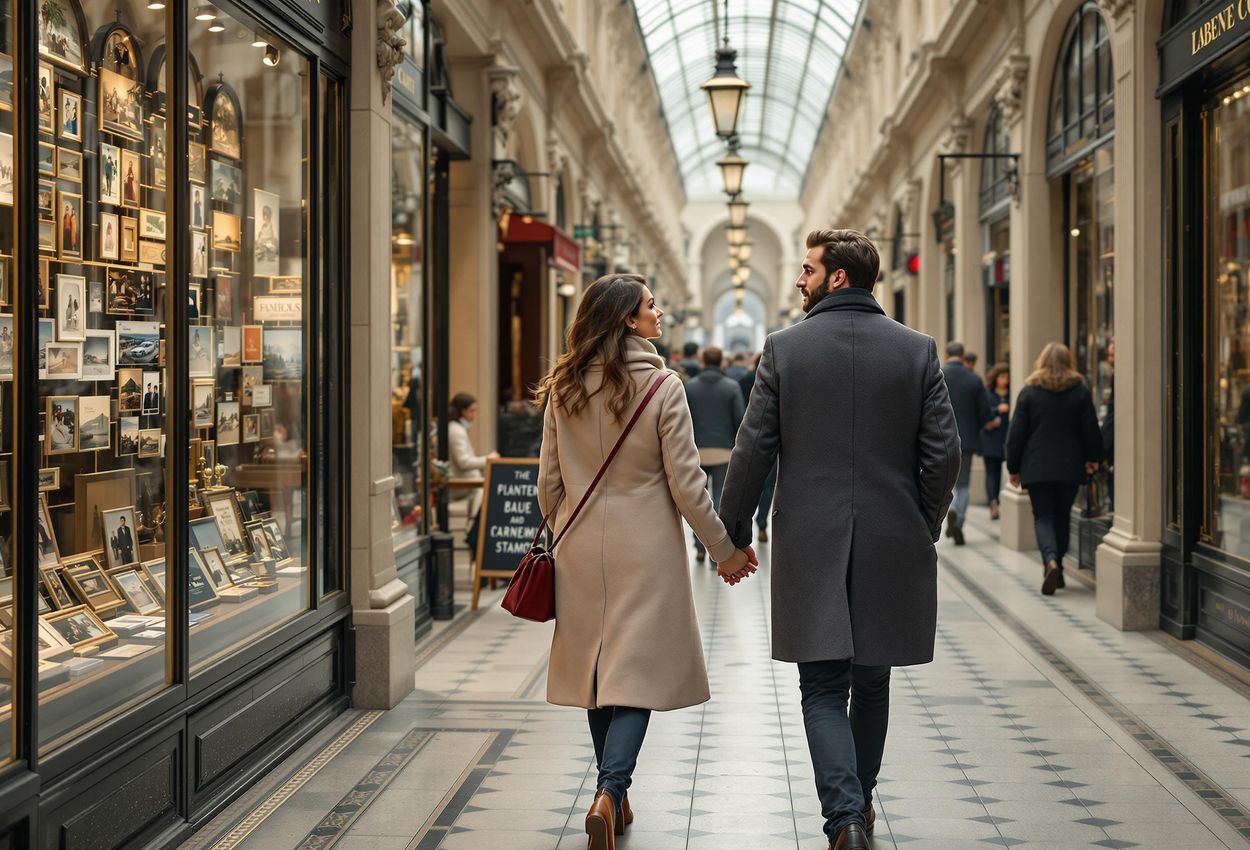 A photograph capturing a couple enjoying a romantic walk through the Passage des Panoramas in Paris, showcasing its charming shops, elegant architecture, and soft natural light.