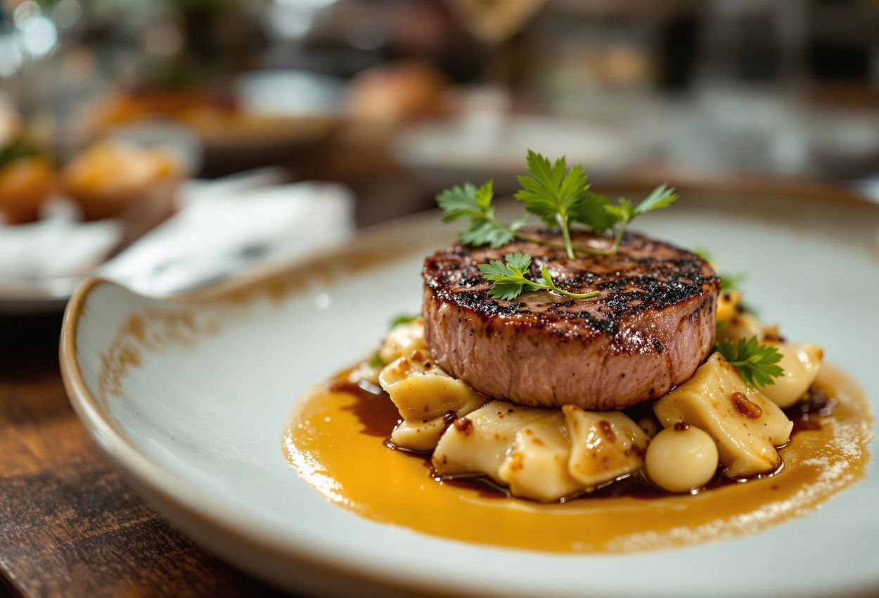 A close-up photograph of a beautifully plated veal dish at L