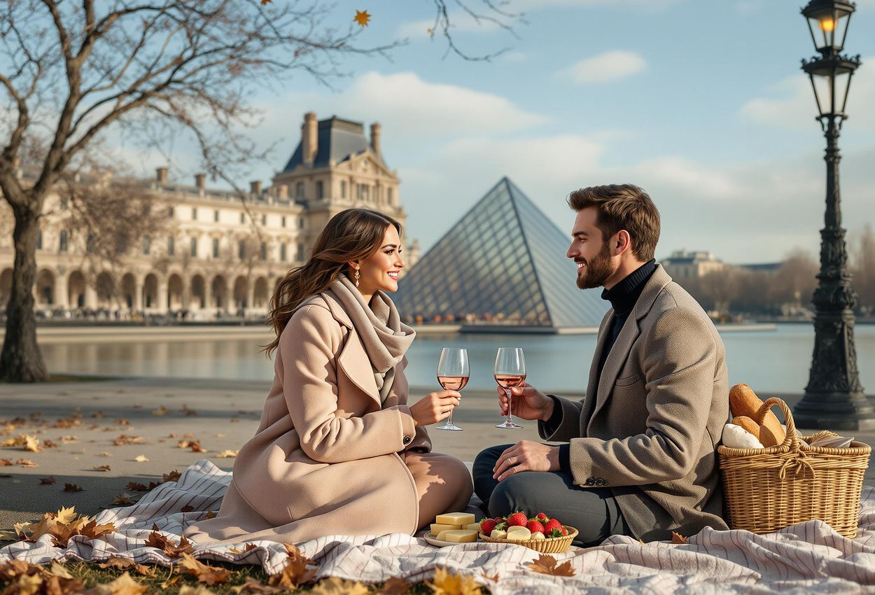 A photograph capturing a couple enjoying a romantic picnic by the Seine River in Paris, with the iconic Louvre Museum in the background.