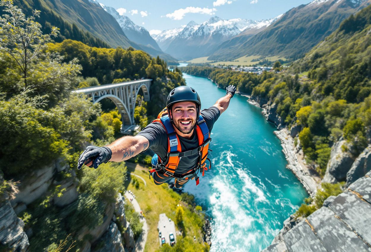 A wide shot captures a bungy jumper mid-air at Kawarau Bridge in Queenstown, New Zealand, with the turquoise river below and lush mountains in the background.
