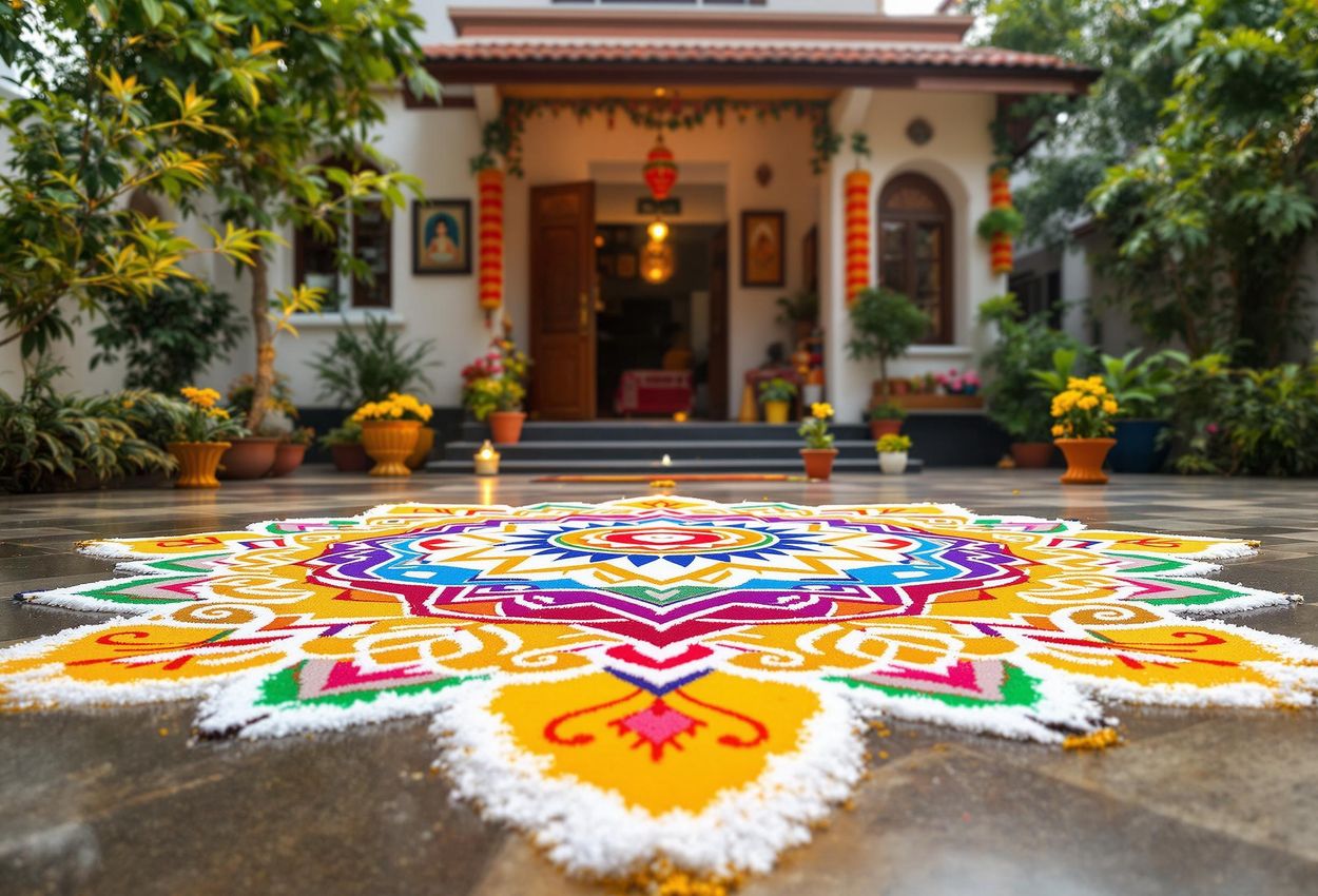 A stunning photograph captures a colorful and intricate Kolam design created with rice flour outside a home in Chennai during the Pongal festival, symbolizing welcome and prosperity.