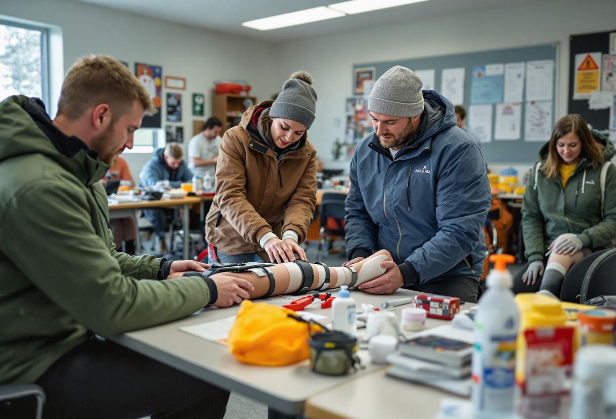 A group of ice climbers participate in a wilderness first aid course in Haines, Alaska, learning essential techniques for safety in Arctic conditions.
