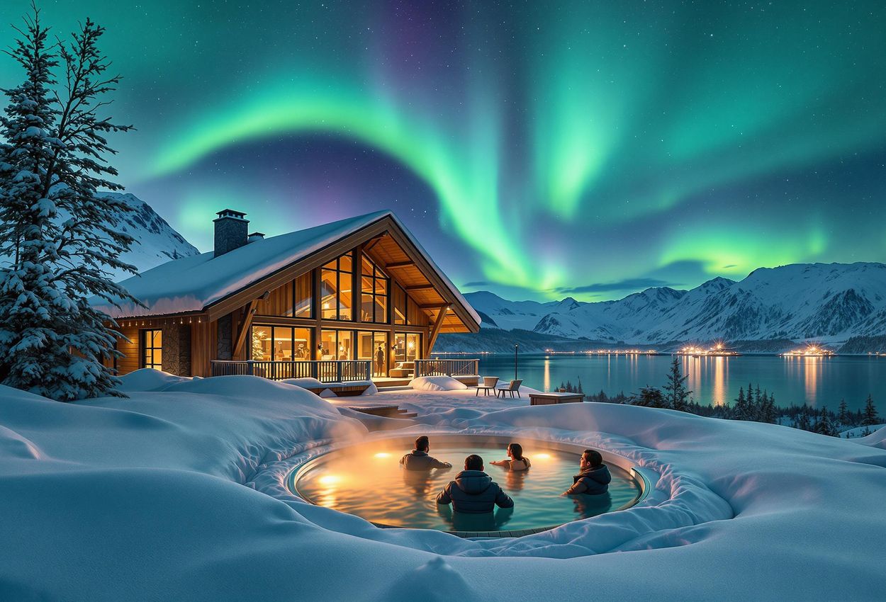 A stunning photograph of Lyngen Lodge in Norway under a vibrant display of the Northern Lights, showcasing a luxurious Arctic experience.