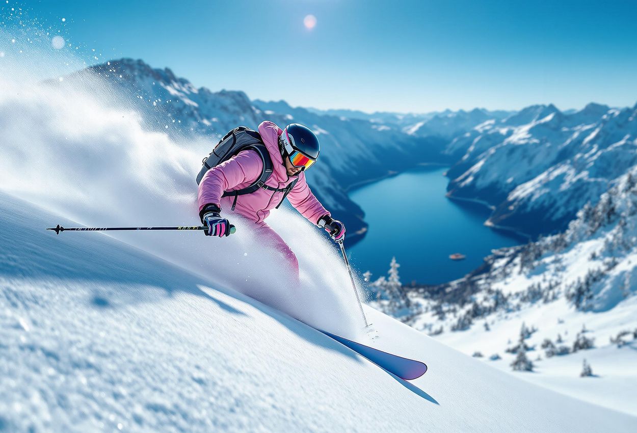 A skier gracefully carves through fresh powder on a steep slope in the Lyngen Alps, Norway, with towering peaks and a deep blue fjord in the background.