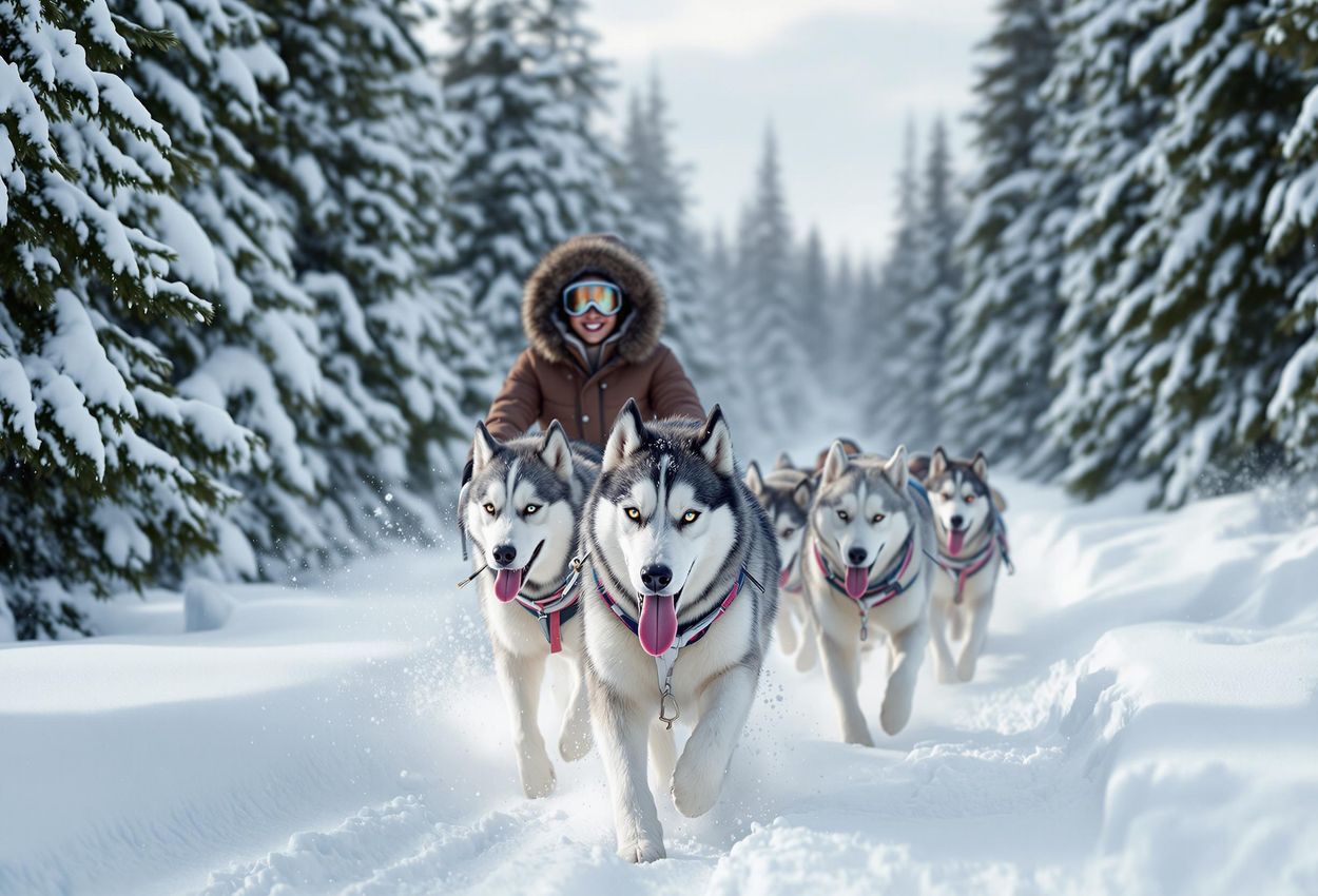 A captivating photograph of a dog sled team racing through a snow-covered forest in the Lyngen Alps, Norway. The musher