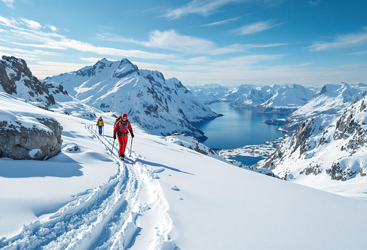 A stunning landscape photograph of snowshoers traversing a snow-covered trail in the Lyngen Alps, Norway, with the Lyngen fjord visible in the distance.