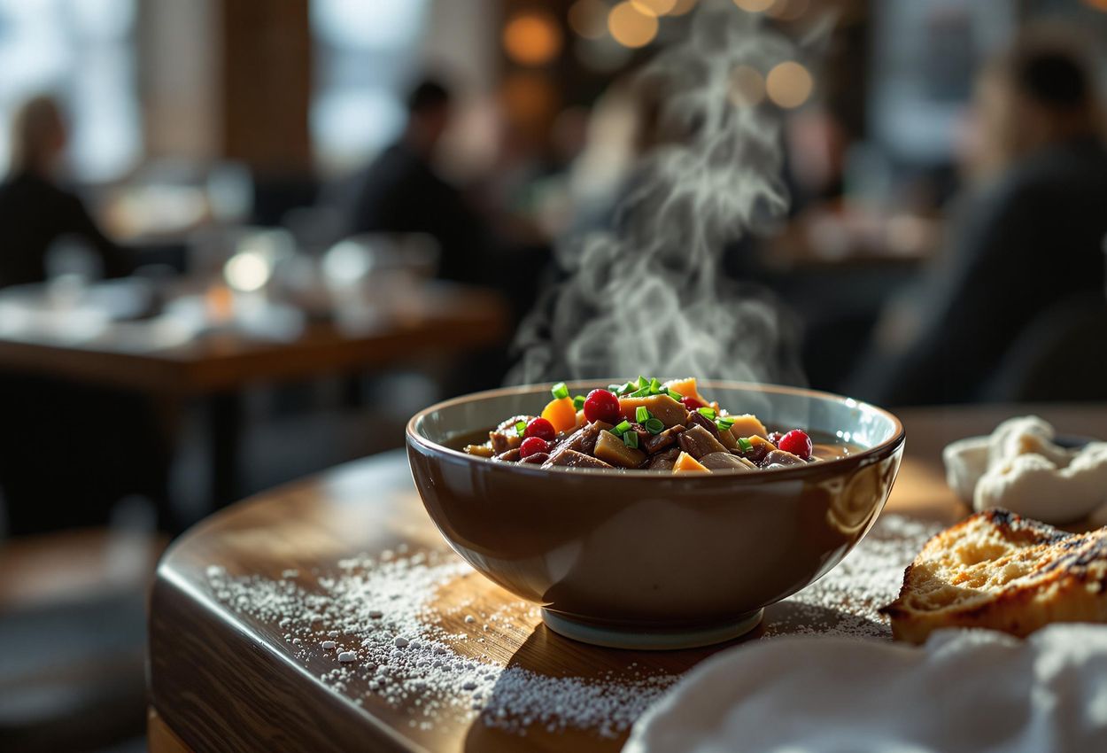 A close-up photograph of a steaming bowl of traditional Sami reindeer stew served in a cozy restaurant in the Lyngen Alps, Norway. The image captures the warmth and culinary heritage of the Sami people.