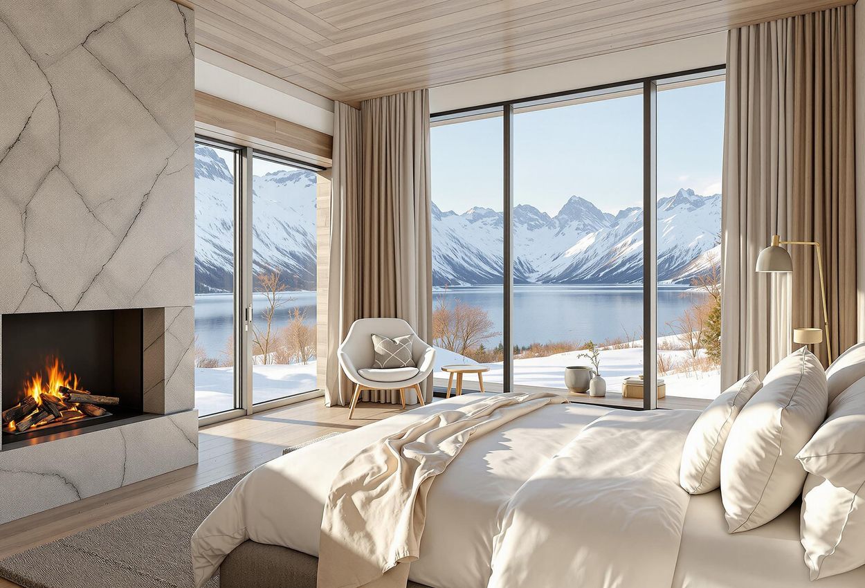 Interior view of a luxurious suite at Lyngen Lodge in Norway, featuring a comfortable bed, fireplace, and large windows overlooking the Lyngen fjord. The suite is decorated in a minimalist style with natural materials and warm colors.